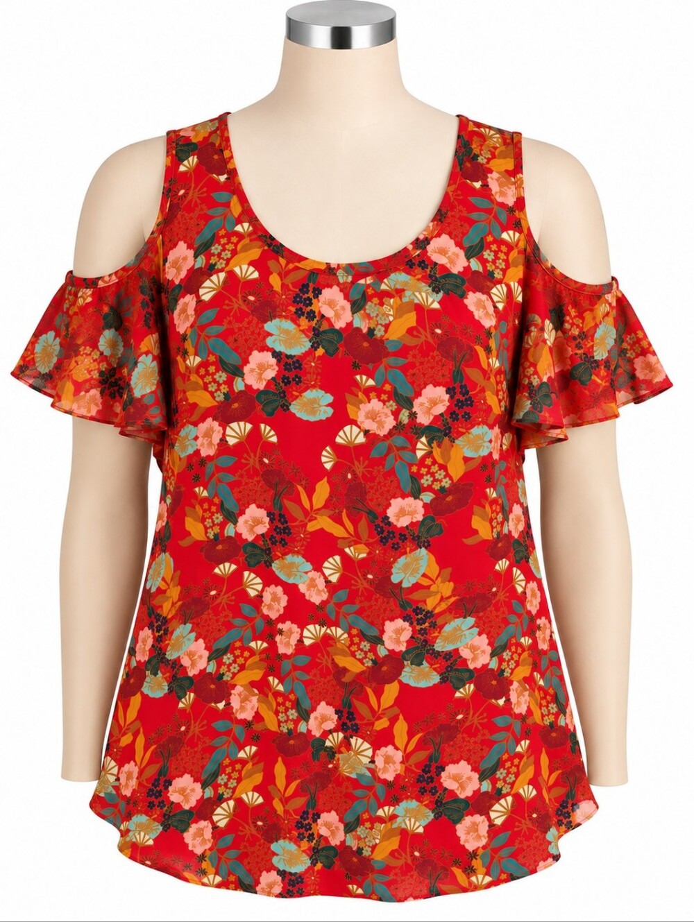 Rose & Olive Floral Cold Shoulder Blouse Top Womens Size M Red Flutter Sleeve